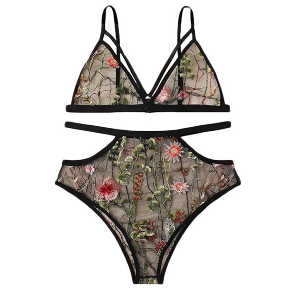 Sheer Black Floral Embroidered Bra & Panty Set - Picture 2 of 8